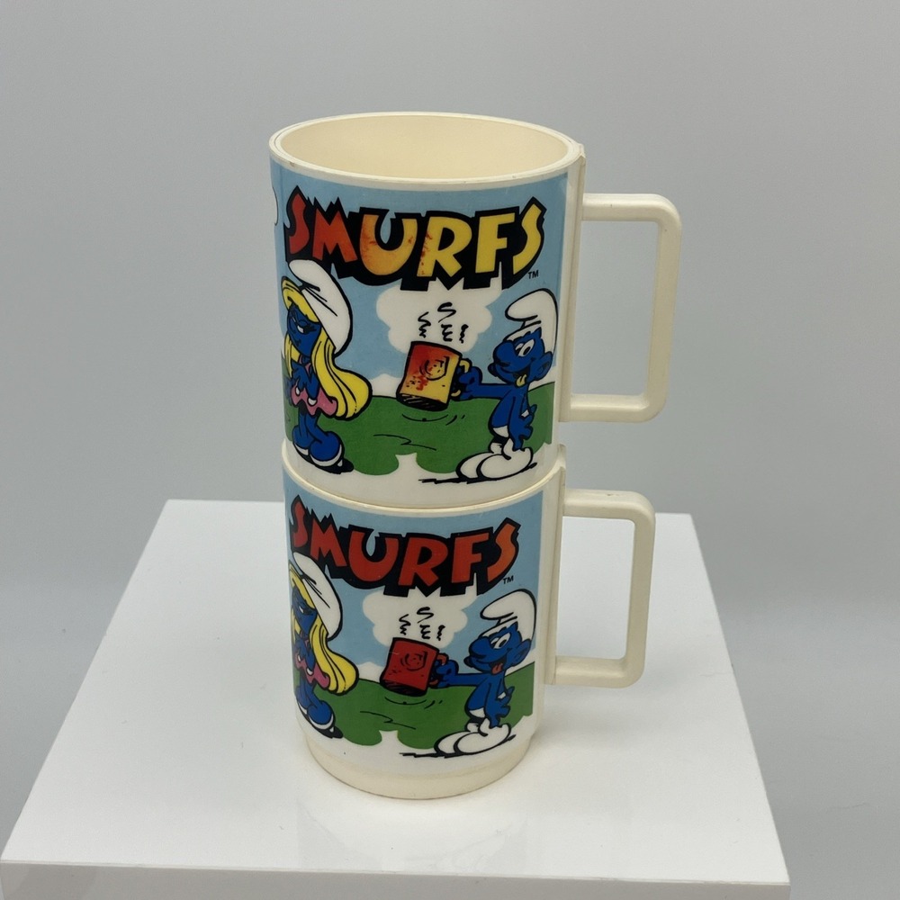 Vtg. Deka Smurfs Cartoon Mugs 2 Plastic Cups 1980 U.S.A. Saturday Nostalgia